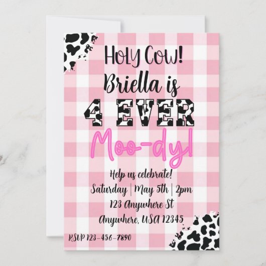 4 Ever Moody Cow Fourth Birthday Invitation Kaart (Voorkant)