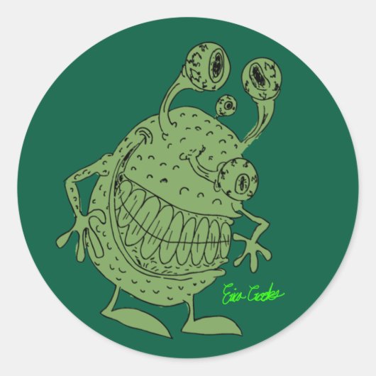 4 eyed green alien monster all green ronde sticker (Voorkant)