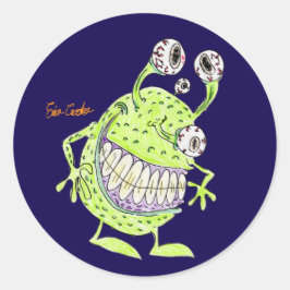 4 eyed green alien monster ronde sticker