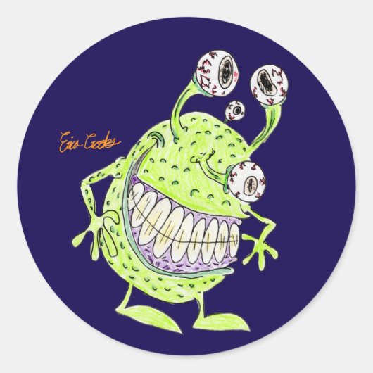 4 eyed green alien monster ronde sticker (Voorkant)