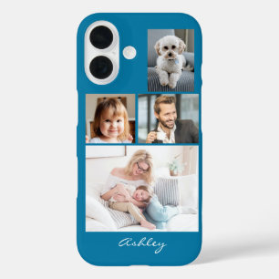 4 Familie of Vrienden Foto's, Script Naam op Blauw iPhone 16 Hoesje
