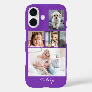 4 Familie- of vriendenfoto's, scriptnaam op paars iPhone 16 Hoesje