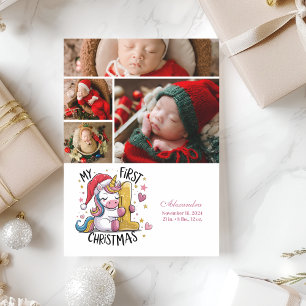 4 Foto 1e kerst baby roze gouden eenhoorn Feestdagenkaart