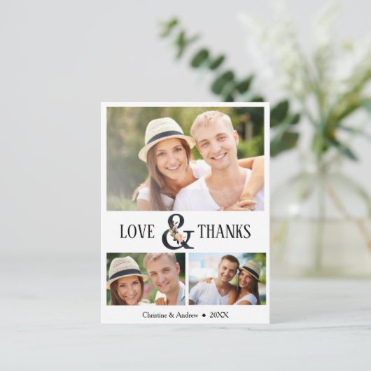 4 Foto (3 + 1) Bloemen Ampersand Bruiloft Dank u Briefkaart (Staand voorkant)