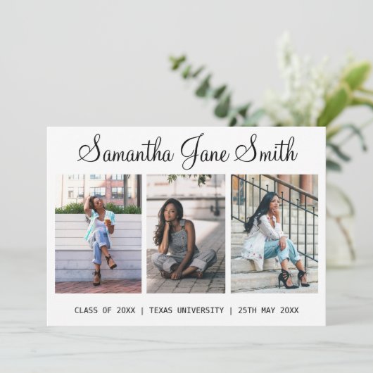 4 Foto (3+1) Hand geletterde naam Afstuderen Aankondiging (Staand voorkant)