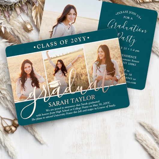 4 Foto Afsluitingsfeest Modern Script Turquoise en Folie Uitnodiging