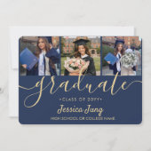 4 Foto Afstudeer Collage Script Navy Blauwe & Goud Aankondiging (Voorkant)
