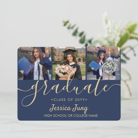 4 Foto Afstudeer Collage Script Navy Blauwe & Goud Aankondiging (Staand voorkant)