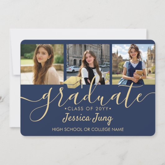 4 Foto Afstudeer Collage Script Navyblauw & Goud Aankondiging (Voorkant)
