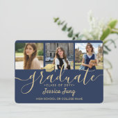 4 Foto Afstudeer Collage Script Navyblauw & Goud Aankondiging (Staand voorkant)