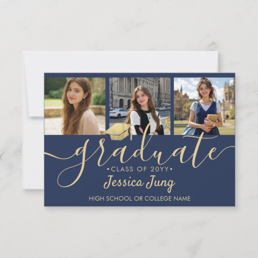 4 Foto Afstudeer Collage Script Navyblauw & Goud Bedankkaart (Voorkant)