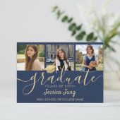 4 Foto Afstudeer Collage Script Navyblauw & Goud Bedankkaart (Staand voorkant)