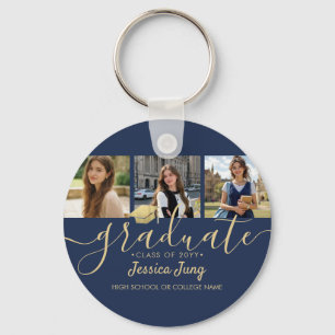 4 Foto Afstudeer Collage Script Navyblauw & Goud Sleutelhanger