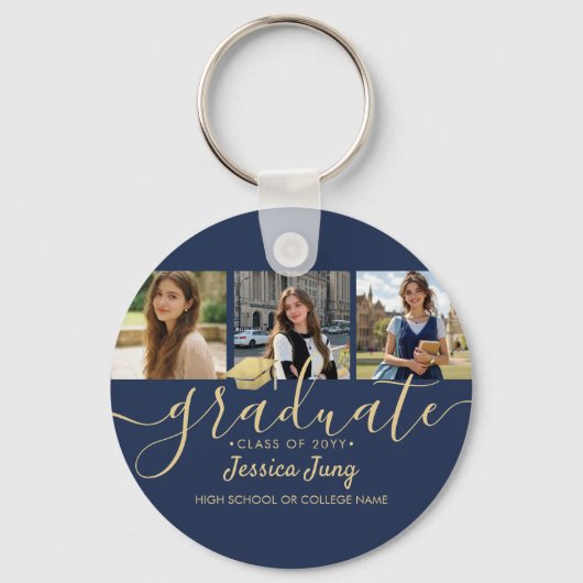4 Foto Afstudeer Collage Script Navyblauw & Goud Sleutelhanger (Voorkant)