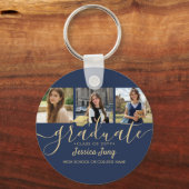 4 Foto Afstudeer Collage Script Navyblauw & Goud Sleutelhanger (Voorkant)
