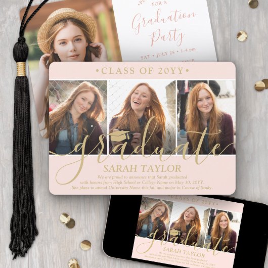 4 Foto Afstudeerfeest Blush Roze & Goud Script Kaart