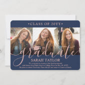 4 Foto Afstudeerfeest Marine Blauw & Roze Script Kaart (Voorkant)
