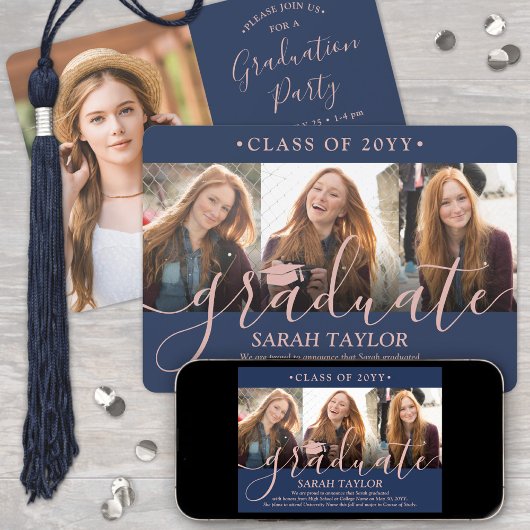 4 Foto Afstudeerfeest Marine Blauw & Roze Script Kaart