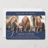 4 Foto Afstudeerfeest Marine Blauw & Roze Script Kaart (Voorkant)