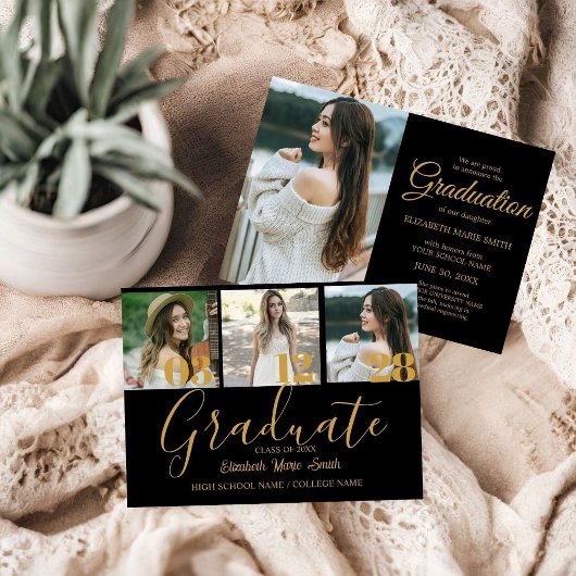 4 Foto Afstuderen Collage Eenvoudig Gold Script Aankondiging