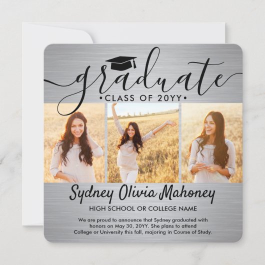 4 Foto Afstuderen Collage Modern geborsteld grijs Aankondiging (Voorkant)