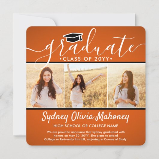 4 Foto Afstuderen Collage Modern Oranje Black Aankondiging (Voorkant)