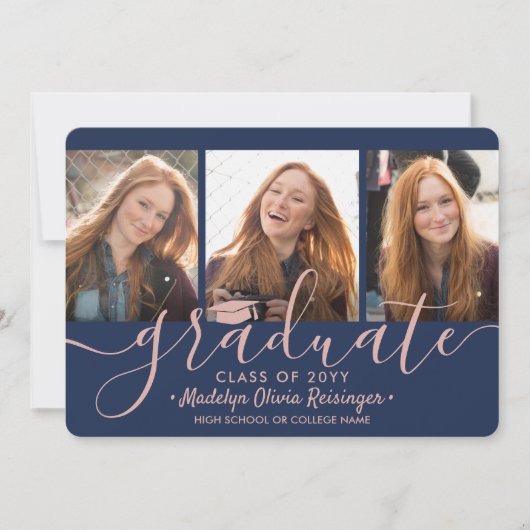 4 Foto Afstuderen Collage Navy Blue & Roze Script Aankondiging (Voorkant)