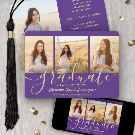4 Foto Afstuderen Collage Paars en Gold Script Aankondiging