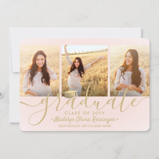 4 Foto Afstuderen Collage Script Blush Pink Gold Aankondiging (Voorkant)