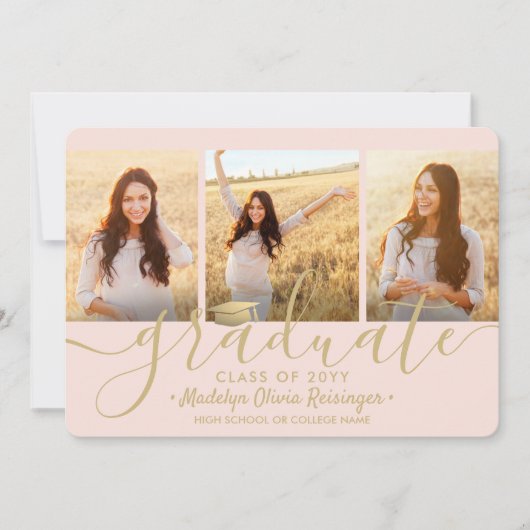 4 Foto Afstuderen Collage Script Blush Pink Gold Aankondiging (Voorkant)