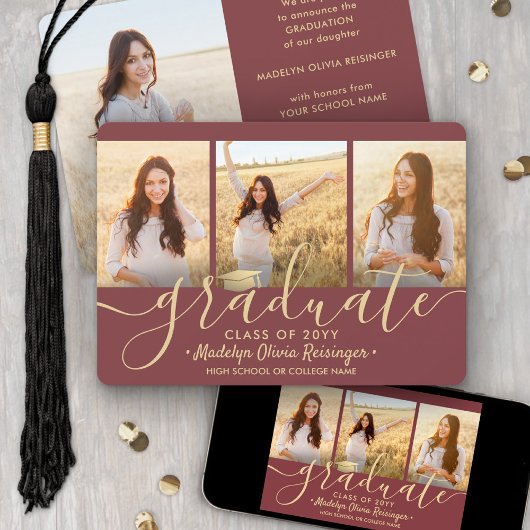 4 Foto Afstuderen Collage Script Burgundy & Gold Aankondiging