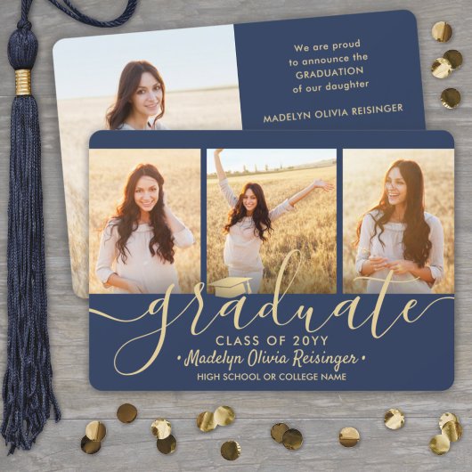 4 Foto Afstuderen Collage Script Navy Blue & Gold Aankondiging