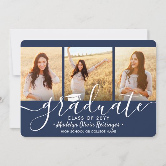 4 Foto Afstuderen Collage Script Navy Blue White Aankondiging (Voorkant)