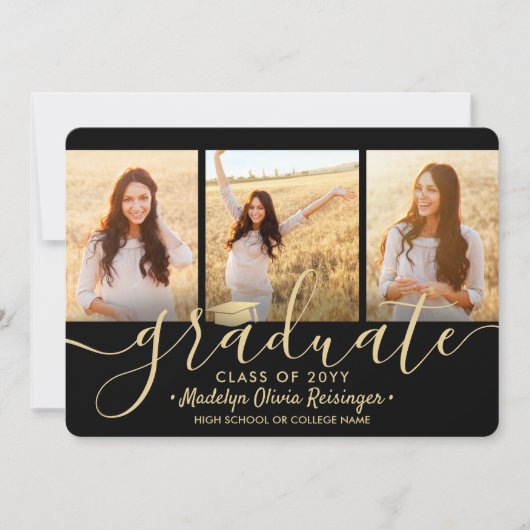 4 Foto Afstuderen Collage Zwart en Goud Script Aankondiging (Voorkant)