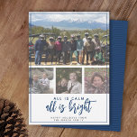 4 Foto - Alles is kalm helder - Donkerblauw kerstf Feestdagenkaart<br><div class="desc">Eén horizontale foto en 3 vierkante foto's — Gebruik vier foto's en maak een unieke en trendy Merry kerstgroet met een blauw streeppatroon op de achterkant. Als u om het even wat rond moet bewegen,  klik op de aanpassingsknoop om veranderingen aan te brengen.</div>