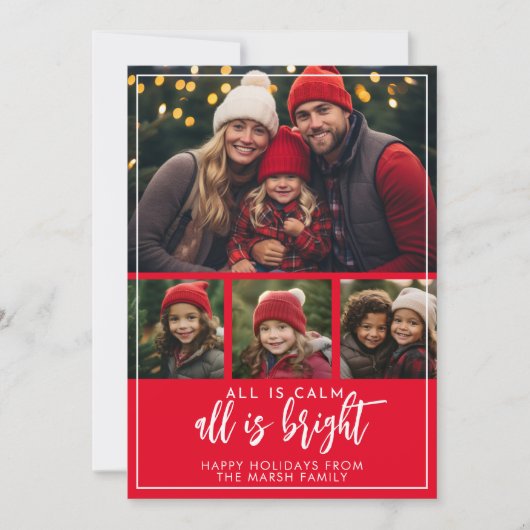 4 foto - Alles is kalm helder script rode kerst Feestdagenkaart (Voorkant)