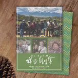 4 Foto - Alles is kalm, helderblauw kerstfeest Feestdagenkaart<br><div class="desc">Eén horizontale foto en 3 vierkante foto's — Gebruik vier foto's en maak een unieke en trendy Merry kerstgroet met een groen en blauw chevron stripe patroon op de achterkant. Als u om het even wat rond moet bewegen,  klik op de aanpassingsknoop om veranderingen aan te brengen.</div>
