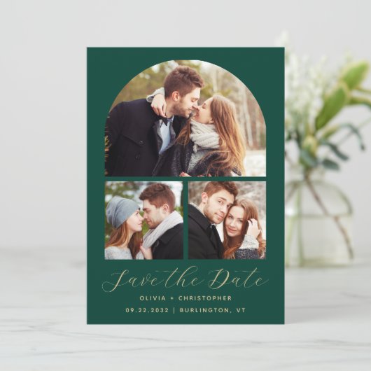 4-foto Arch Emerald Green Gold Save The Date (Staand voorkant)