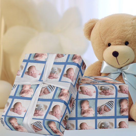 4 Foto Baby Blue Cute Custom 1st Birthday Cadeaupapier