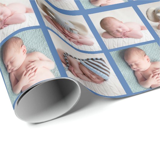 4 Foto Baby Blue Cute Custom 1st Birthday Cadeaupapier (Rol Hoek)