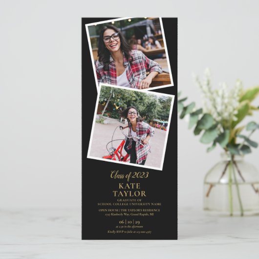 4 Foto: Black and Gold Graduparty Invitation Kaart (Staand voorkant)