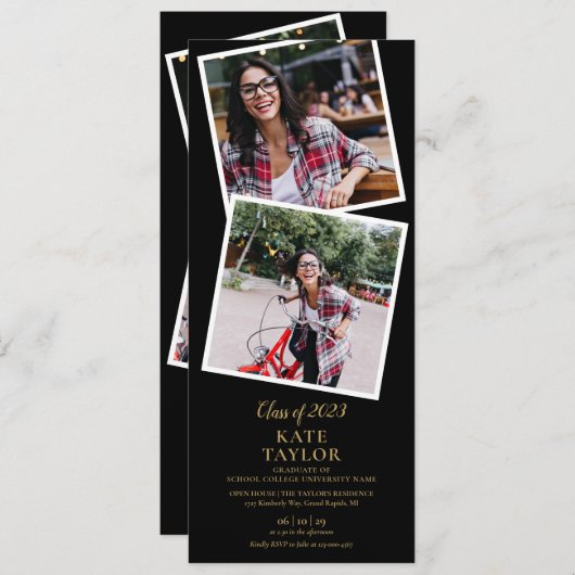 4 Foto: Black and Gold Graduparty Invitation Kaart (Voorkant / Achterkant)