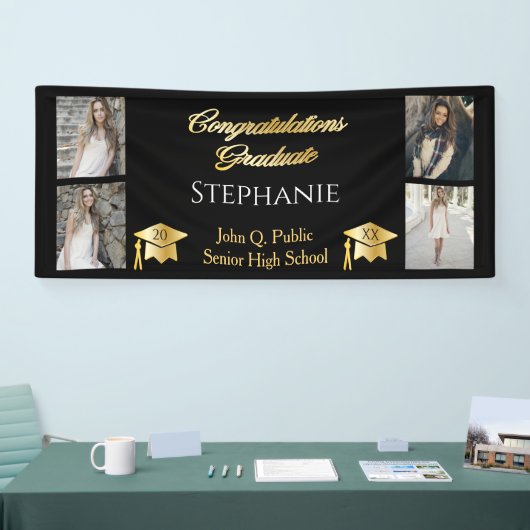 4 Foto Black Gold Congrates Afstuderen Name School Spandoek (Beurs)