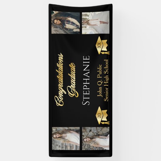 4 Foto Black Gold Congrates Afstuderen Name School Spandoek (Verticaal)