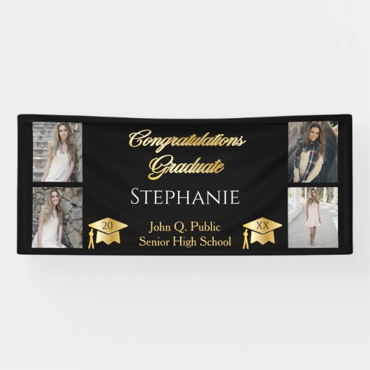 4 Foto Black Gold Congrates Afstuderen Name School Spandoek (Horizontaal)