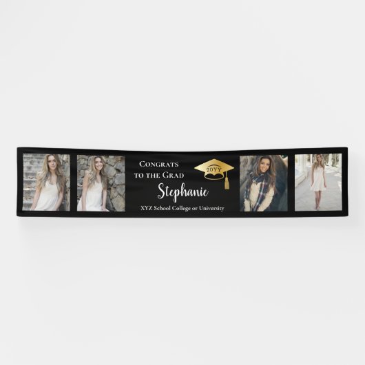 4 Foto Black Gold Congrates Afstuderen Name School Spandoek (Horizontaal)
