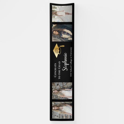 4 Foto Black Gold Congrates Afstuderen Name School Spandoek (Verticaal)