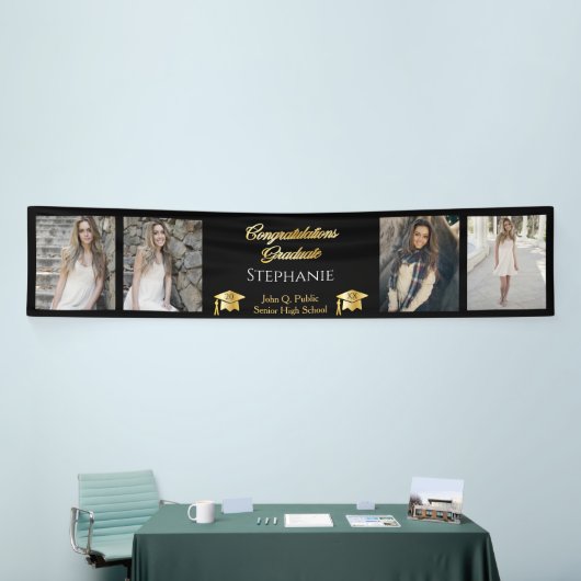 4 Foto Black Gold Congrates Afstuderen Name School Spandoek (Beurs)