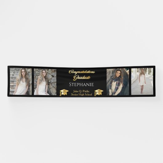 4 Foto Black Gold Congrates Afstuderen Name School Spandoek (Horizontaal)