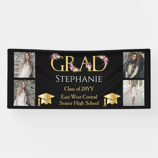 4 Foto Black Gold Floral AFSTUDEERDER Name School Spandoek (Horizontaal)